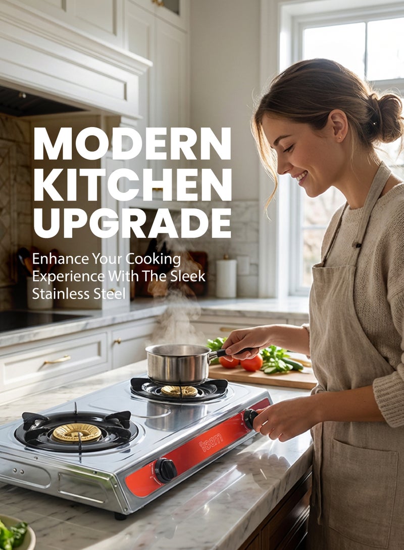تيم TEAM Double Burner Gas Stove | Stainless Steel Body | Automatic Ignition | Cast Iron Burner with Brass Cover | Adjustable Damper & Double Jet System - Image 2